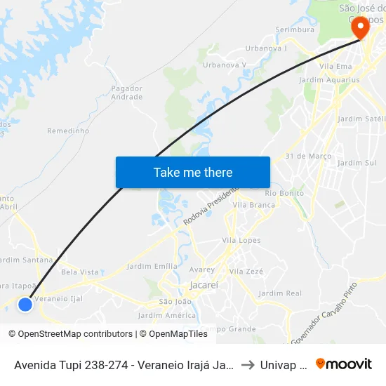 Avenida Tupi 238-274 - Veraneio Irajá Jacareí - SP 12326-230 Brasil to Univap - Direito map