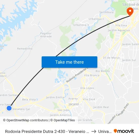 Rodovia Presidente Dutra 2-430 - Veraneio Irajá Parque Meia Lua Jacareí - SP 12335-010 Brasil to Univap - Direito map
