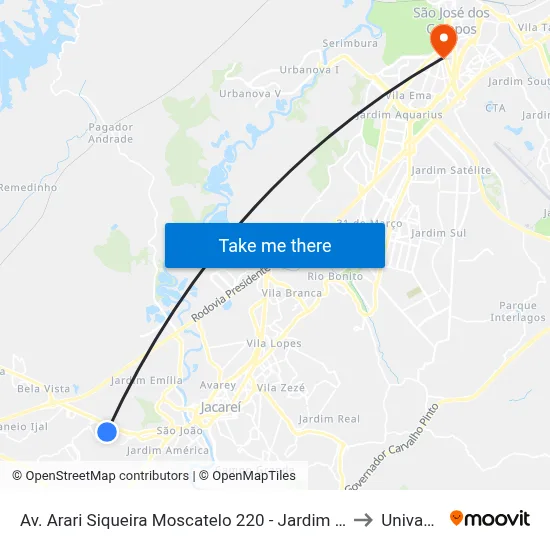 Av. Arari Siqueira Moscatelo 220 - Jardim Do Portal Jacareí - SP 12324-200 Brasil to Univap - Direito map