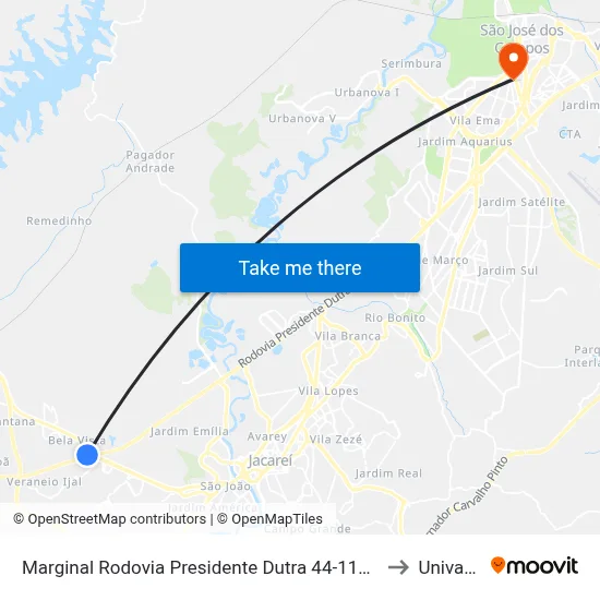 Marginal Rodovia Presidente Dutra 44-116 - Condomínio Lagoinha Jacareí - SP Brasil to Univap - Direito map