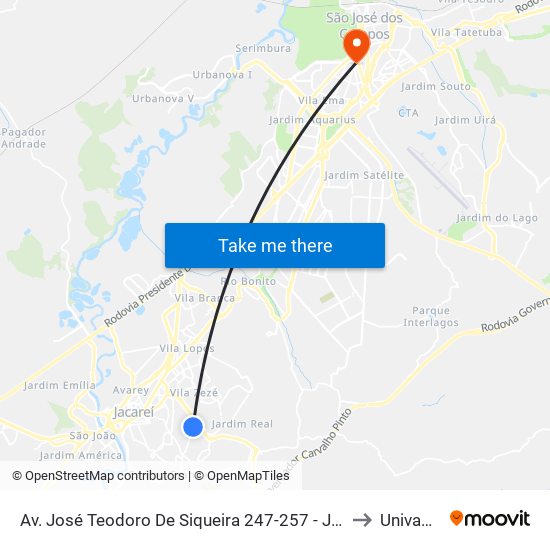 Av. José Teodoro De Siqueira 247-257 - Jardim Maria Amelia Jacareí - SP Brasil to Univap - Direito map