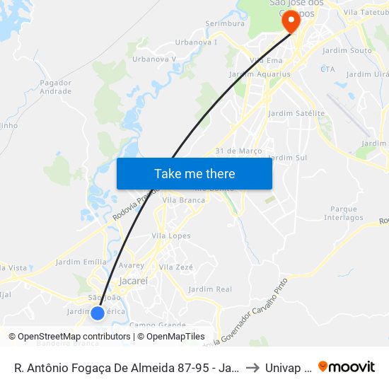 R. Antônio Fogaça De Almeida 87-95 - Jardim America Jacareí - SP Brasil to Univap - Direito map