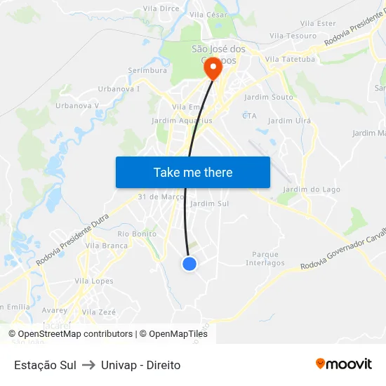 Estação Sul to Univap - Direito map