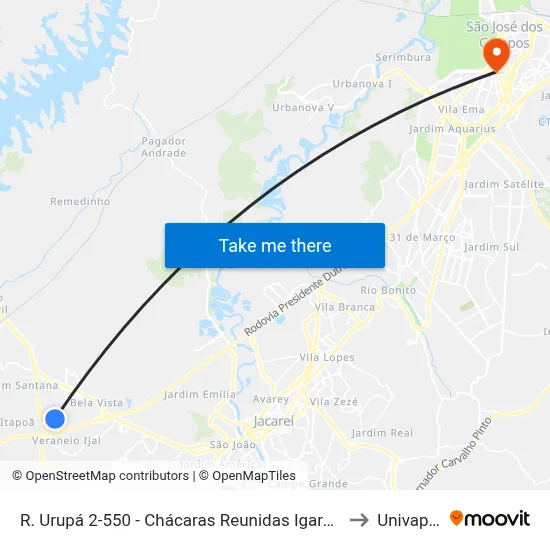 R. Urupá 2-550 - Chácaras Reunidas Igarapes Jacareí - SP 12330-180 Brasil to Univap - Direito map
