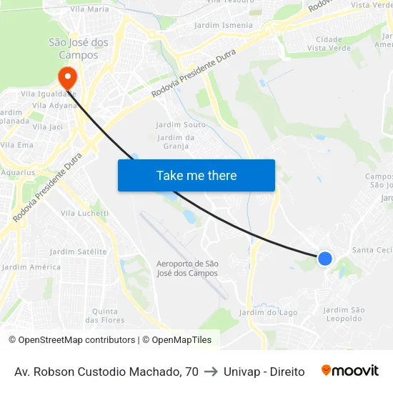 Av. Robson Custodio Machado, 70 to Univap - Direito map