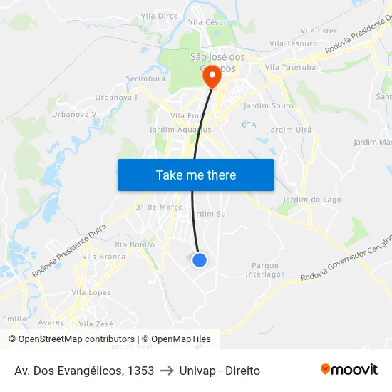Av. Dos Evangélicos, 1353 to Univap - Direito map