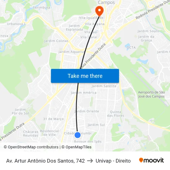 Av. Artur Antônio Dos Santos, 742 to Univap - Direito map