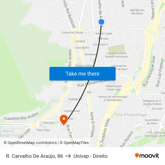 R. Carvalho De Araújo, 86 to Univap - Direito map