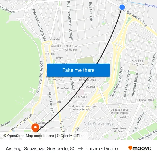 Av. Eng. Sebastião Gualberto, 85 to Univap - Direito map