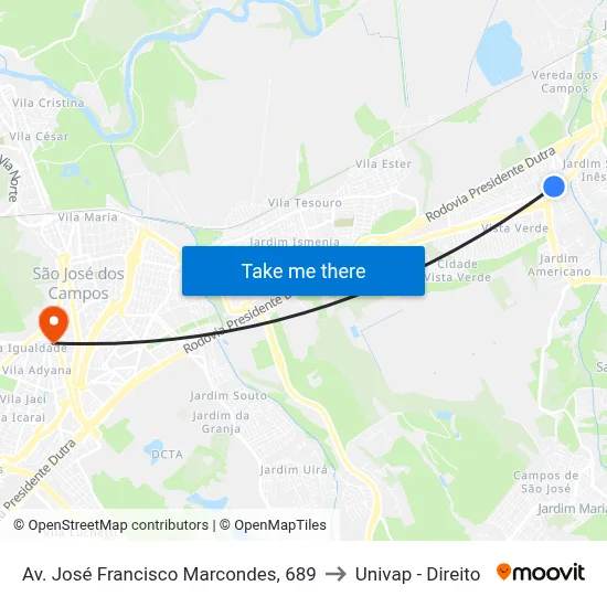 Av. José Francisco Marcondes, 689 to Univap - Direito map