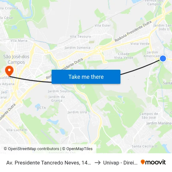 Av. Presidente Tancredo Neves, 1491 to Univap - Direito map
