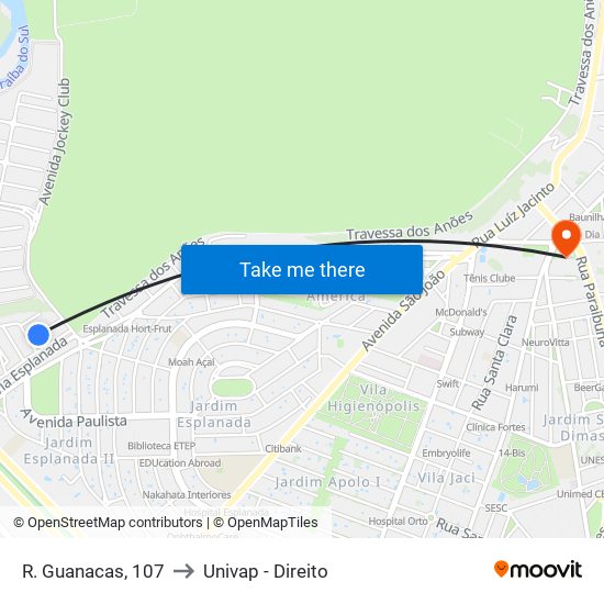 R. Guanacas, 107 to Univap - Direito map