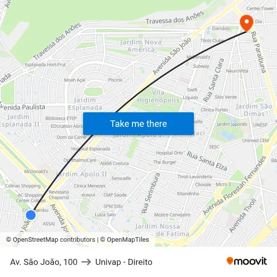 Av. São João, 100 to Univap - Direito map