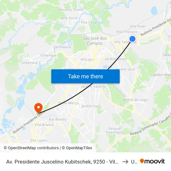 Av. Presidente Juscelino Kubitschek, 9250 - Vila Tatetuba, São José Dos Campos to Unip map