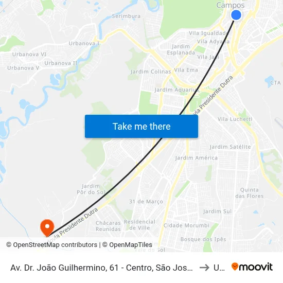 Av. Dr. João Guilhermino, 61 - Centro, São José Dos Campos to Unip map