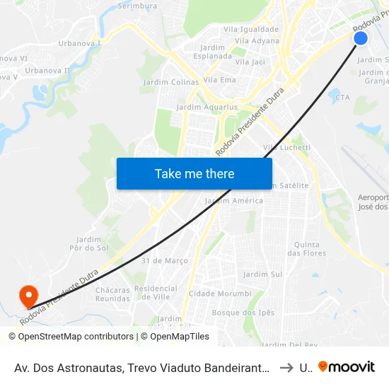 Av. Dos Astronautas, Trevo Viaduto Bandeirantes  - Campus Do Cta, São José Dos Campos to Unip map