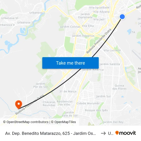 Av. Dep. Benedito Matarazzo, 625 - Jardim Oswaldo Cruz, São José Dos Campos to Unip map
