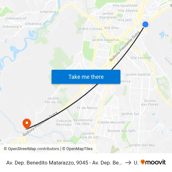 Av. Dep. Benedito Matarazzo, 9045 - Av. Dep. Benedito Matarazzo, 9045 - Jardim Oswaldo Cruz, São José Dos Campos to Unip map