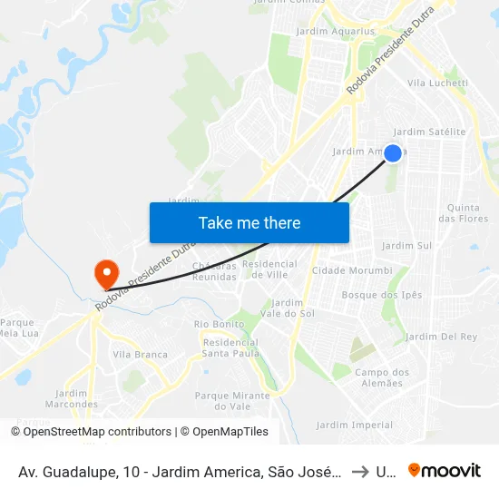 Av. Guadalupe, 10 - Jardim America, São José Dos Campos to Unip map