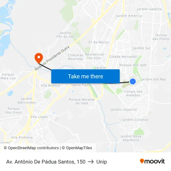 Av. Antônio De Pádua Santos, 150 to Unip map