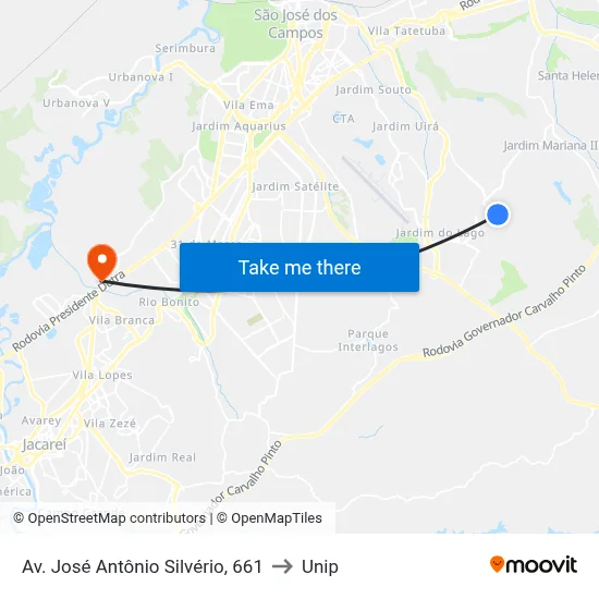 Av. José Antônio Silvério, 661 to Unip map