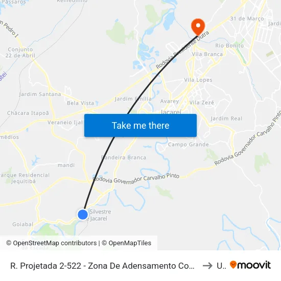 R. Projetada 2-522 - Zona De Adensamento Controlado (Zac - São Silvestre) Jacareí - SP Brasil to Unip map