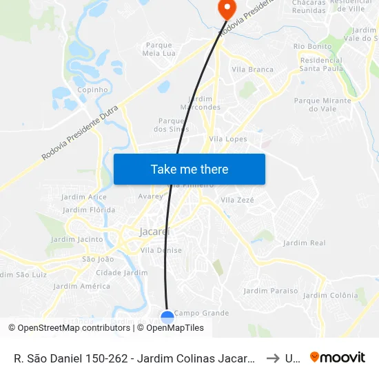R. São Daniel 150-262 - Jardim Colinas Jacareí - SP Brasil to Unip map