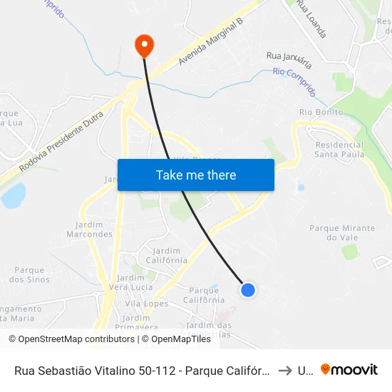 Rua Sebastião Vitalino 50-112 - Parque Califórnia Jacareí - SP Brasil to Unip map