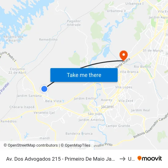 Av. Dos Advogados 215 - Primeiro De Maio Jacareí - SP 12332-510 Brasil to Unip map