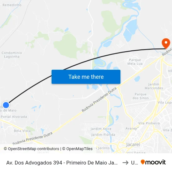 Av. Dos Advogados 394 - Primeiro De Maio Jacareí - SP 12332-510 Brasil to Unip map