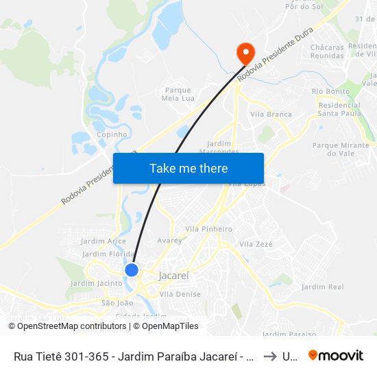 Rua Tietê 301-365 - Jardim Paraíba Jacareí - SP Brasil to Unip map