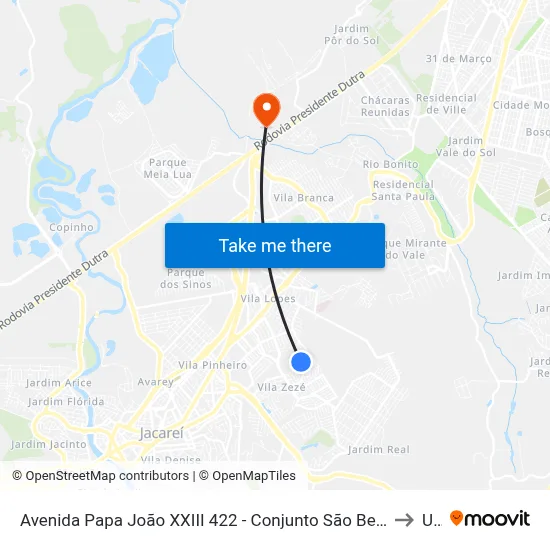 Avenida Papa João XXIII 422 - Conjunto São Benedito Jacareí - SP 12310-090 Brasil to Unip map