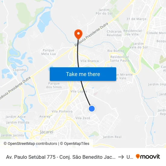 Av. Paulo Setúbal 775 - Conj. São Benedito Jacareí - SP 12310-150 Brasil to Unip map
