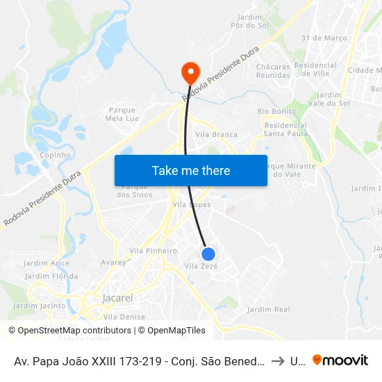 Av. Papa João XXIII 173-219 - Conj. São Benedito Jacareí - SP Brasil to Unip map