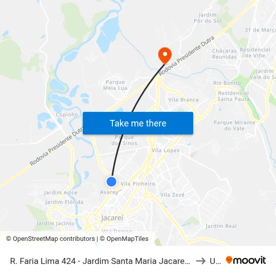 R. Faria Lima 424 - Jardim Santa Maria Jacareí - SP 12328-070 Brasil to Unip map