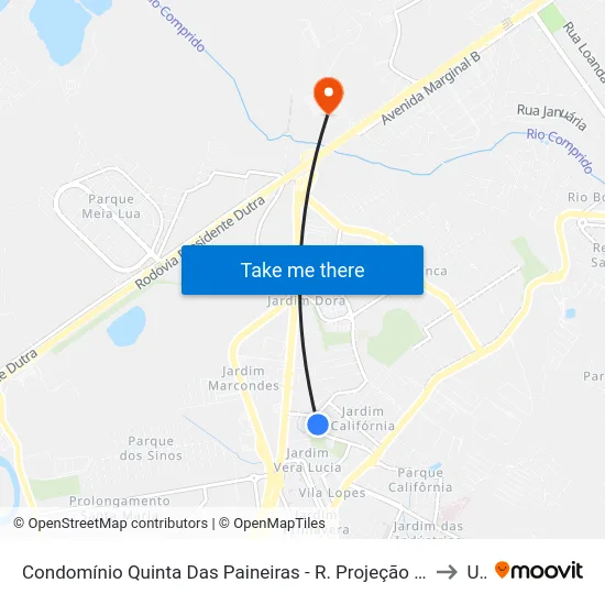 Condomínio Quinta Das Paineiras - R. Projeção São Diego 468 - Jd California Jacareí - SP Brasil to Unip map