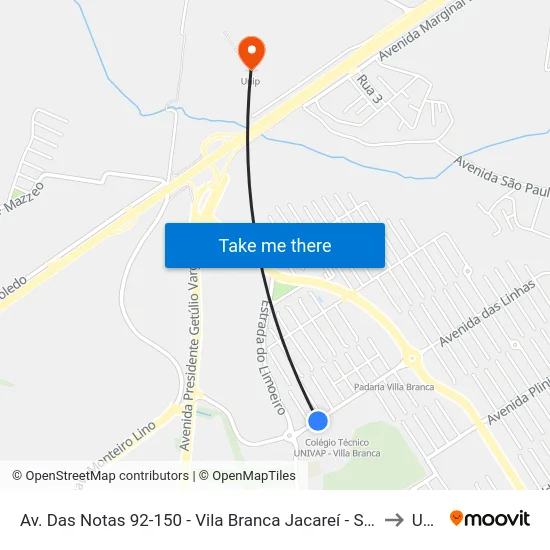 Av. Das Notas 92-150 - Vila Branca Jacareí - SP Brasil to Unip map