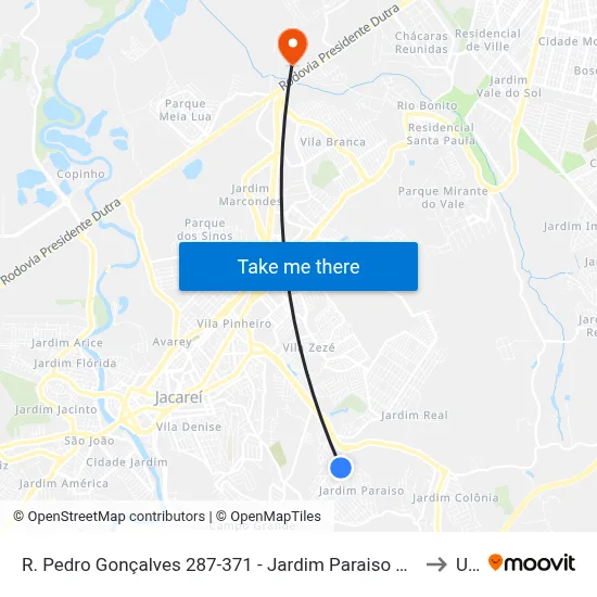R. Pedro Gonçalves 287-371 - Jardim Paraiso Jacareí - SP 12316-220 Brasil to Unip map