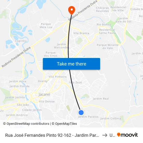 Rua José Fernandes Pinto 92-162 - Jardim Paraíso Jacareí - SP 12316-200 Brasil to Unip map