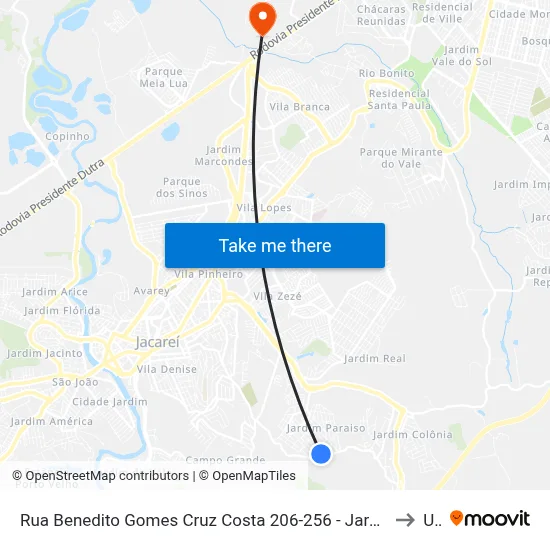 Rua Benedito Gomes Cruz Costa 206-256 - Jardim Paraíso Jacareí - SP 12316-530 Brasil to Unip map