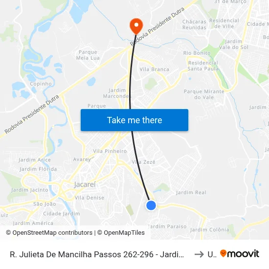 R. Julieta De Mancilha Passos 262-296 - Jardim Novo Amanhecer Jacareí - SP 12316-570 Brasil to Unip map