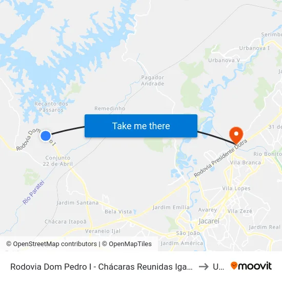 Rodovia Dom Pedro I - Chácaras Reunidas Igarapes SP Brasil to Unip map