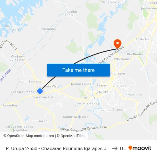 R. Urupá 2-550 - Chácaras Reunidas Igarapes Jacareí - SP 12330-180 Brasil to Unip map