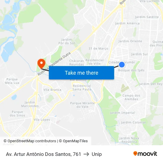 Av. Artur Antônio Dos Santos, 761 to Unip map