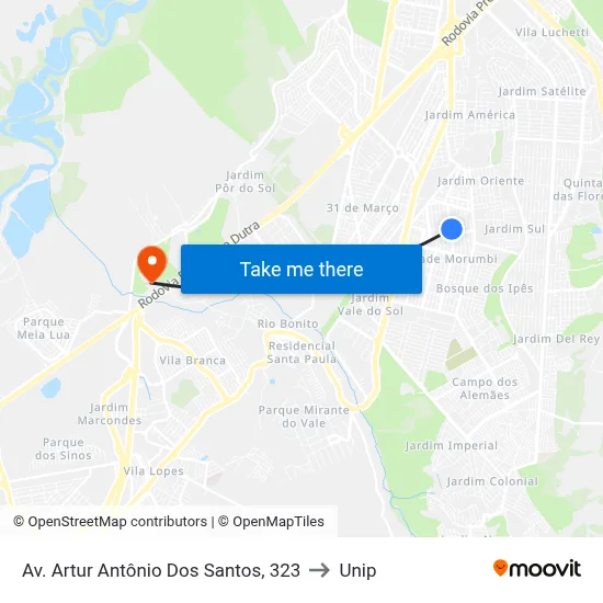Av. Artur Antônio Dos Santos, 323 to Unip map