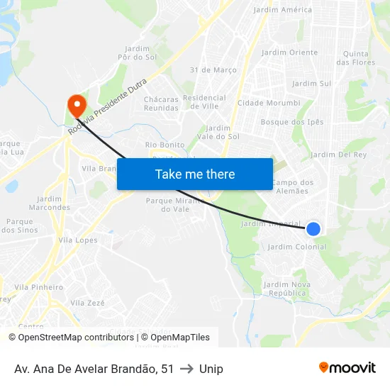 Av. Ana De Avelar Brandão, 51 to Unip map