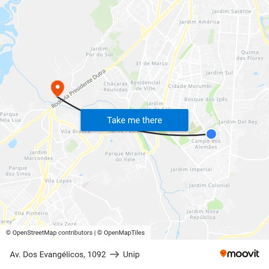 Av. Dos Evangélicos, 1092 to Unip map