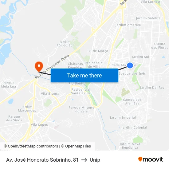 Av. José Honorato Sobrinho, 81 to Unip map