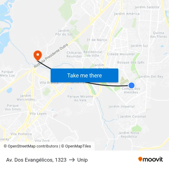 Av. Dos Evangélicos, 1323 to Unip map