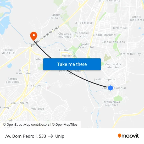 Av. Dom Pedro I, 533 to Unip map